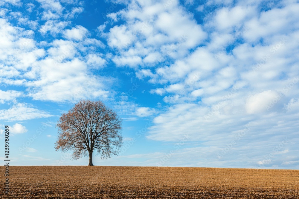 Leinwandbilder solitary tree stands on open field under bright blue sky with fluffy clouds at midday. generative ai