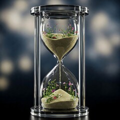 A futuristic glass hourglass containing green plants, symbolizing environmental sustainability and the passage of time.