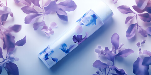 Floral Elegance: A cosmetic tube with a delicate floral design is artfully arranged amidst soft, violet-colored foliage, conveying a sense of beauty and natural skincare. 