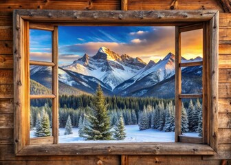 Fototapeta premium Wooden window frames a breathtaking panoramic view of snow-covered mountains in tranquil winter.