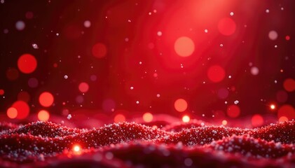 Sparkling lights embedded within a crimson velvet backdrop amidst falling white flakes, red background, christmas lights