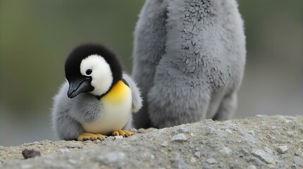 Adorable Emperor Penguin Chick Huddled Beside Adult in Soft Gray Down Feathers Close Up Wildlife Photography Antarctic Nature Image