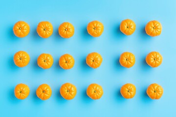 Fototapeta premium Arranged Mandarin Oranges on a Blue Background