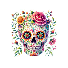 A vibrant, decorated skull adorned with colorful flowers and intricate patterns, embodying a lively and artistic style.