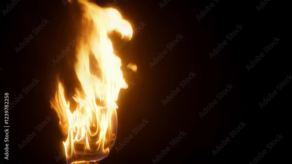 Poster realistic fire burning dynamically across black background, illuminating dark space with intense ora