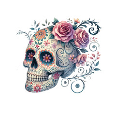 A decorative skull adorned with vibrant flowers and intricate patterns, symbolizing life and death in a colorful artistic style.
