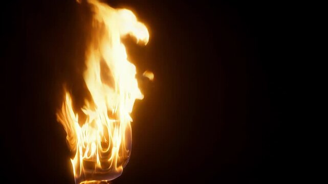Realistic fire burning dynamically across black background, illuminating dark space with intense orange and yellow flames for visual effects and motion graphics design