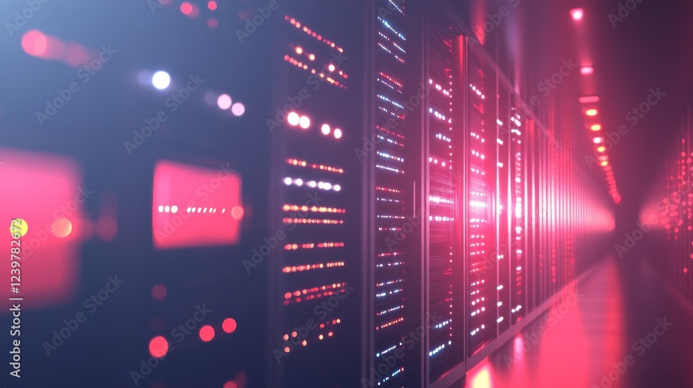Poster illuminated server room: network data center infrastructure