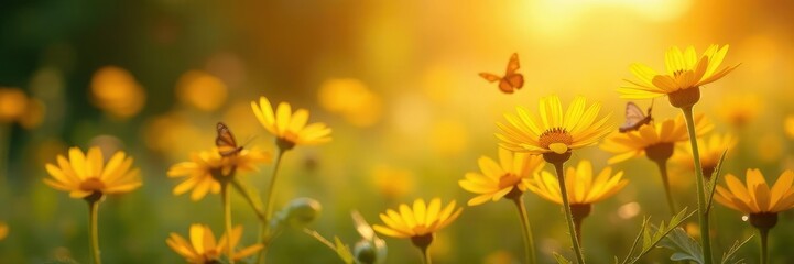 Obraz premium Sun-kissed daisies dance with yellow and orange hues, nature, butterflies