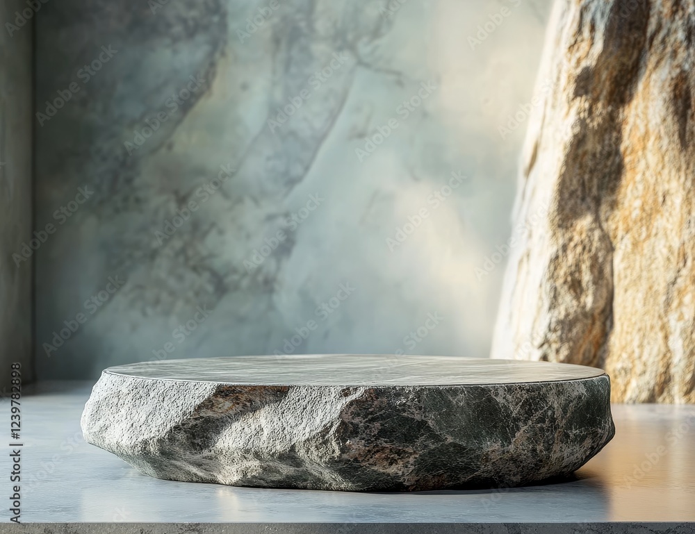 Poster rough stone display platform on marble surface against textured wall.