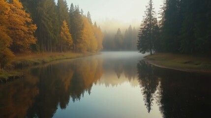 Fototapeta premium Autumn River Landscape Golden Foliage Reflections in a Misty Morning