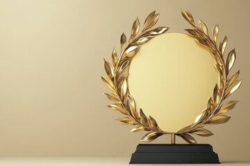 A gold wreath with a blank center sits on a black base
