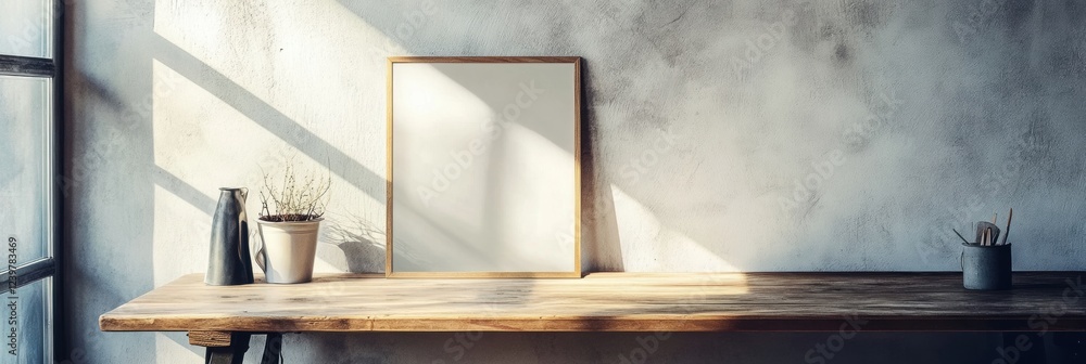 Poster natural light illuminates a minimalist workspace with a blank frame and decorative plants in a seren