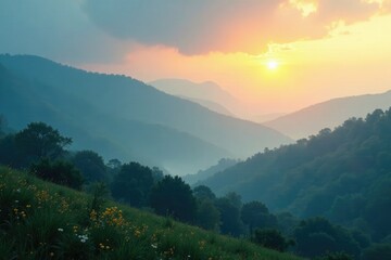 A delicate sprinkle of gold adds warmth to the cool tones of a misty dawn on a blue hill, gentle gradient, sprinkle, morning light