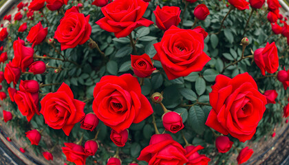 Red roses in a panoramic image, isometry. isolated with white shades