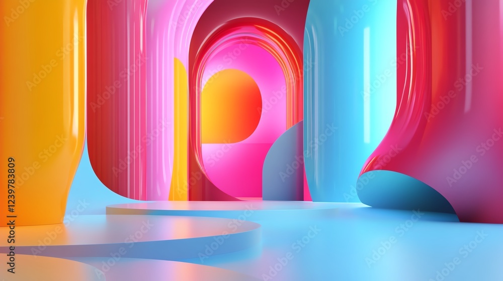 Poster vivid abstract architectural space with colorful arches and smooth forms in playful layout