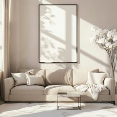 A beige sofa with throw pillows and a blanket sits in front of a large framed mockup in a modern living room with sunlight streaming in through a window and casting shadows on the wall