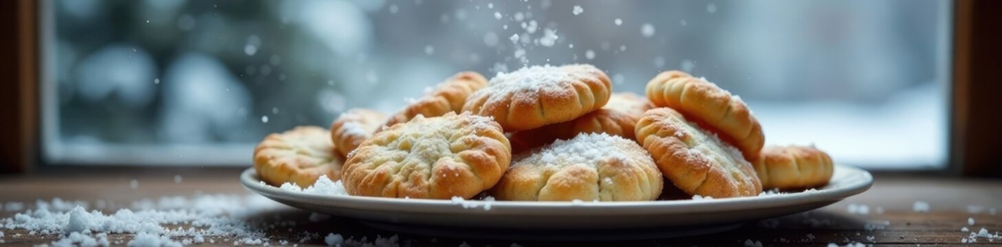 A plate of steaming hot Levkoy cookies in front of a frosty window with snowflakes falling outside, frosty, snowflake