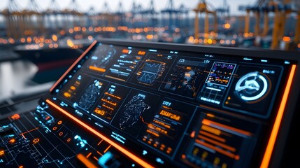 Urban shipping yard futuristic digital display and control tech