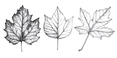 Obraz premium Trio of detailed leaf illustrations: Detailed illustration of three leaves with different shapes, evoking a sense of natural beauty and botanical study.