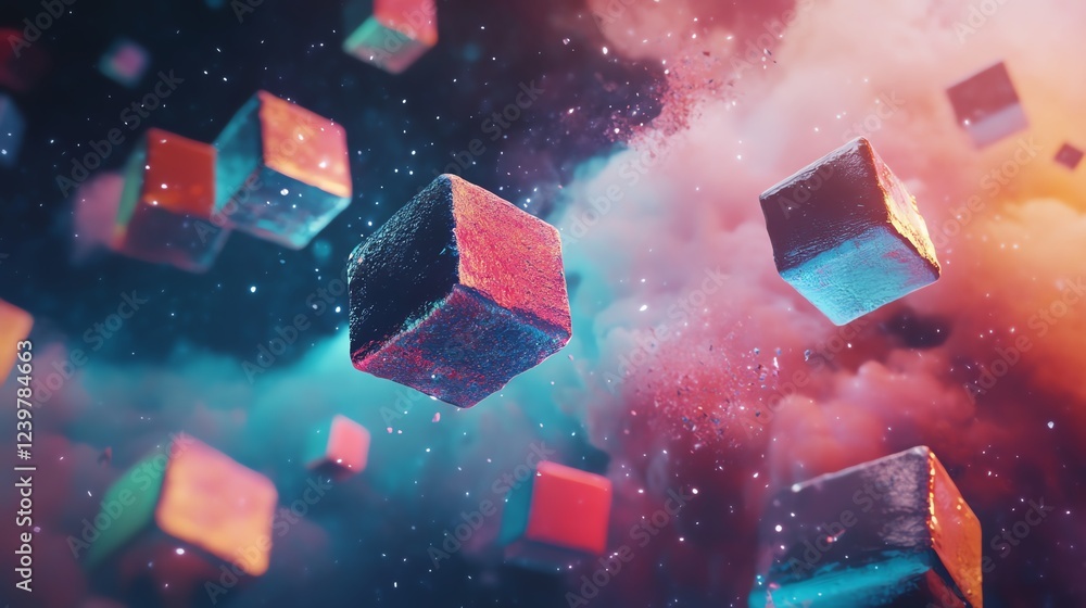 Poster floating cubes create a mesmerizing cosmic display in a vibrant nebula at night
