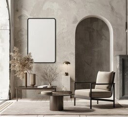 Minimalist living room interior with a beige armchair. a coffee table. a plant. and a blank poster frame on the wall