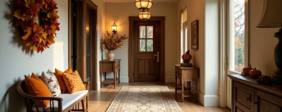 Cozy autumnal colors and natural textures add warmth to an upscale hallway with fall wreath, hallway, rustic, decoration