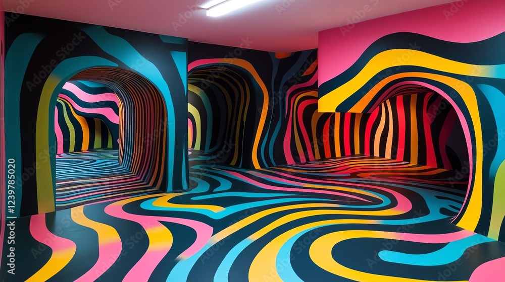 Poster Vibrant Abstract Interior With Colorful Swirling Patterns and Unique Architectural Features in Modern Art Space