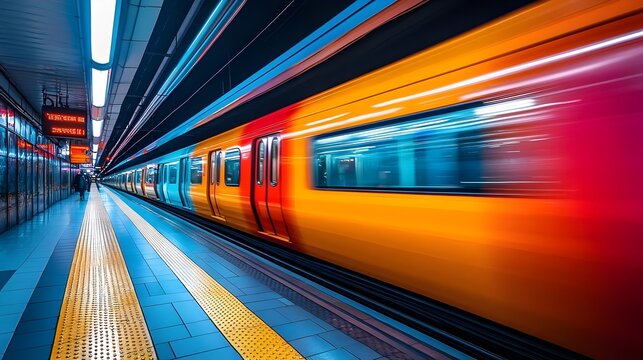 A train is moving through a station with a bright orange and red train