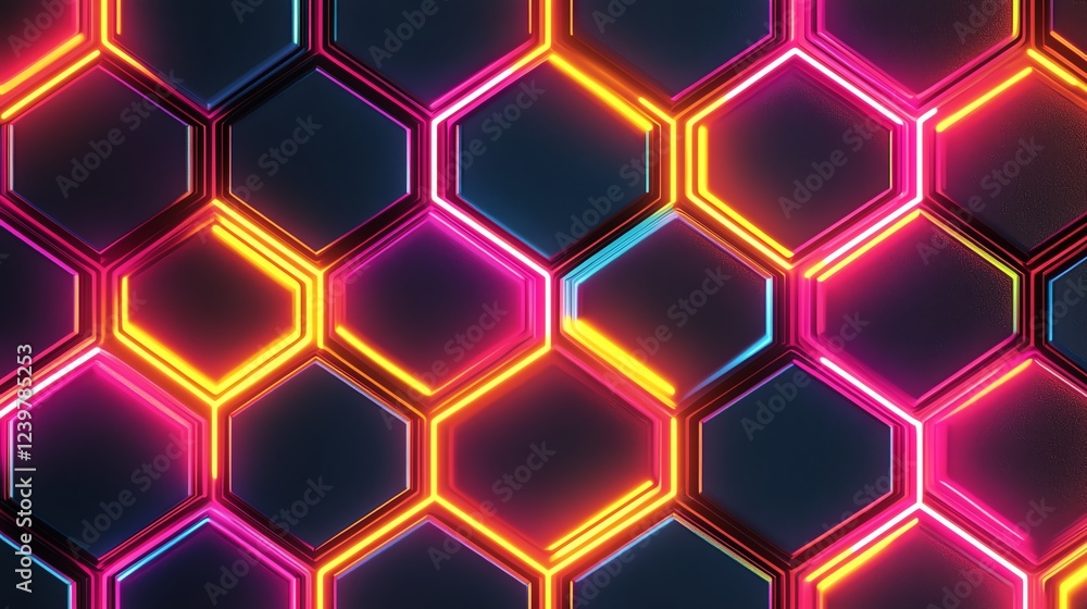 Poster colorful neon hexagon pattern glowing against a dark background in a modern design layout