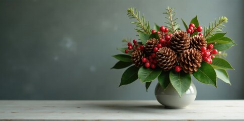 Fototapeta premium Floral arrangement featuring pinecones and holly berries in a vase, holly berries, pinecones, arrangement