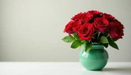 Fototapeta premium Floral arrangement with red roses in a green vase, gift, fresh