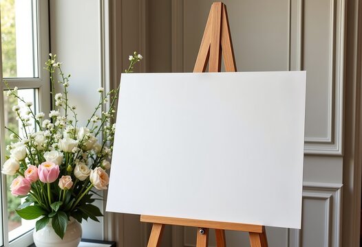Blank 24x36 Welcome Sign: Rococo Party Mockup, White Interior, Spring Pastel Flowers, Easel Display, Portrait Orientation, Customizable Signage, Elegant Rococo Theme, Party Decoration.
