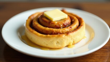 Fresh homemade cinnamon roll plate with butter melting, butter, homemade
