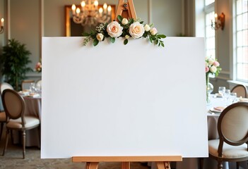 Rococo Party Welcome Sign: Blank White Mockup, 24x36 Portrait, Easel Display, White Interior, Spring Pastel Flowers, Elegant Party Decor, Customizable Signage, Rococo Theme Setting.
