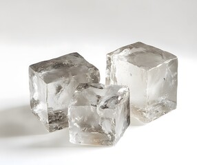 Three large clear ice cubes on white background