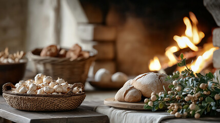 Fototapeta premium Freshly baked bread and garlic in a cozy, rustic kitchen with a crackling fireplace in the background.