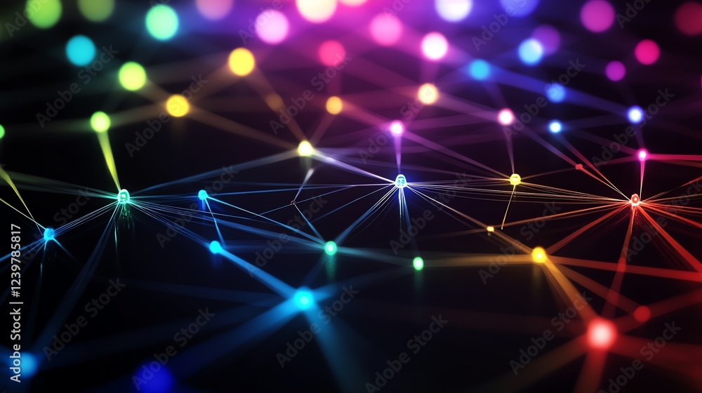 Poster colorful abstract network design with glowing nodes and lines in a dark background