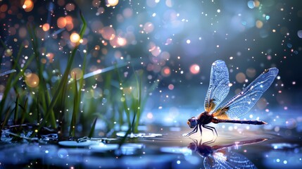 A dragonfly with sparkling crystal wings hovering 