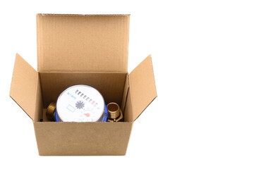 cardboard box with mechanical meter for cold water isolated on white background