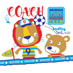 Cartoon lion and bear coaching soccer team with ball and flags in playful design. Sports education concept
