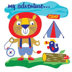 Cartoon lion exploring with compass, tent, and tropical bird in adventure scene. Outdoor camping concept
