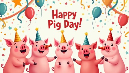 A cheerful greeting card with playful pigs in party hats, blowing horns and surrounded by balloons. The card reads "Happy Pig Day!" in a whimsical font, full of vibrant colors and joy.