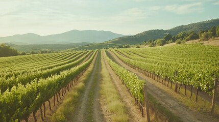 Fototapeta premium Sunlit Vineyard Landscape With Lush Green Grapevines And Rolling Hills