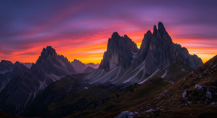 Sunset behind rugged mountain peaks, casting an orange and purple glow across the sky, with shadows stretching across the rolling landscape