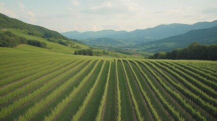 Aerial View of Lush Green Vineyard on Hillside with Distant Mountains