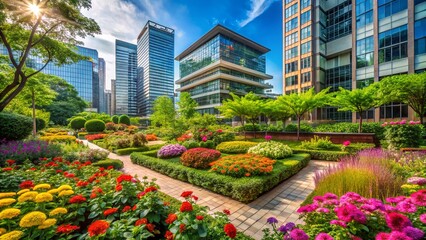 Fototapeta premium Lush Urban Oasis: Rooftop Garden with City Skyline View - Stock Photo