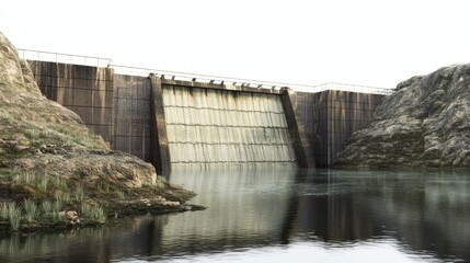Obraz premium Scenic View of Waterfall over a Concrete Dam and Surrounding Landscape