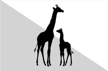Elegant Mother and Baby Giraffe Silhouette Art.