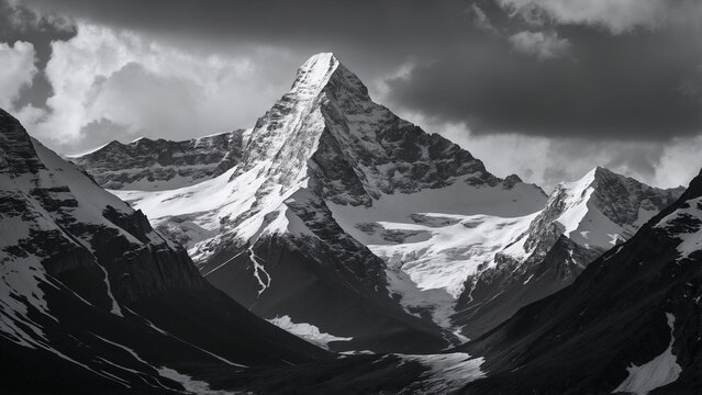 High-contrast black-and-white photos of majestic snow-capped mountains, with rugged peaks and valleys, against a dramatic overcast sky, capture the power and serenity of nature. - Powered by Adobe